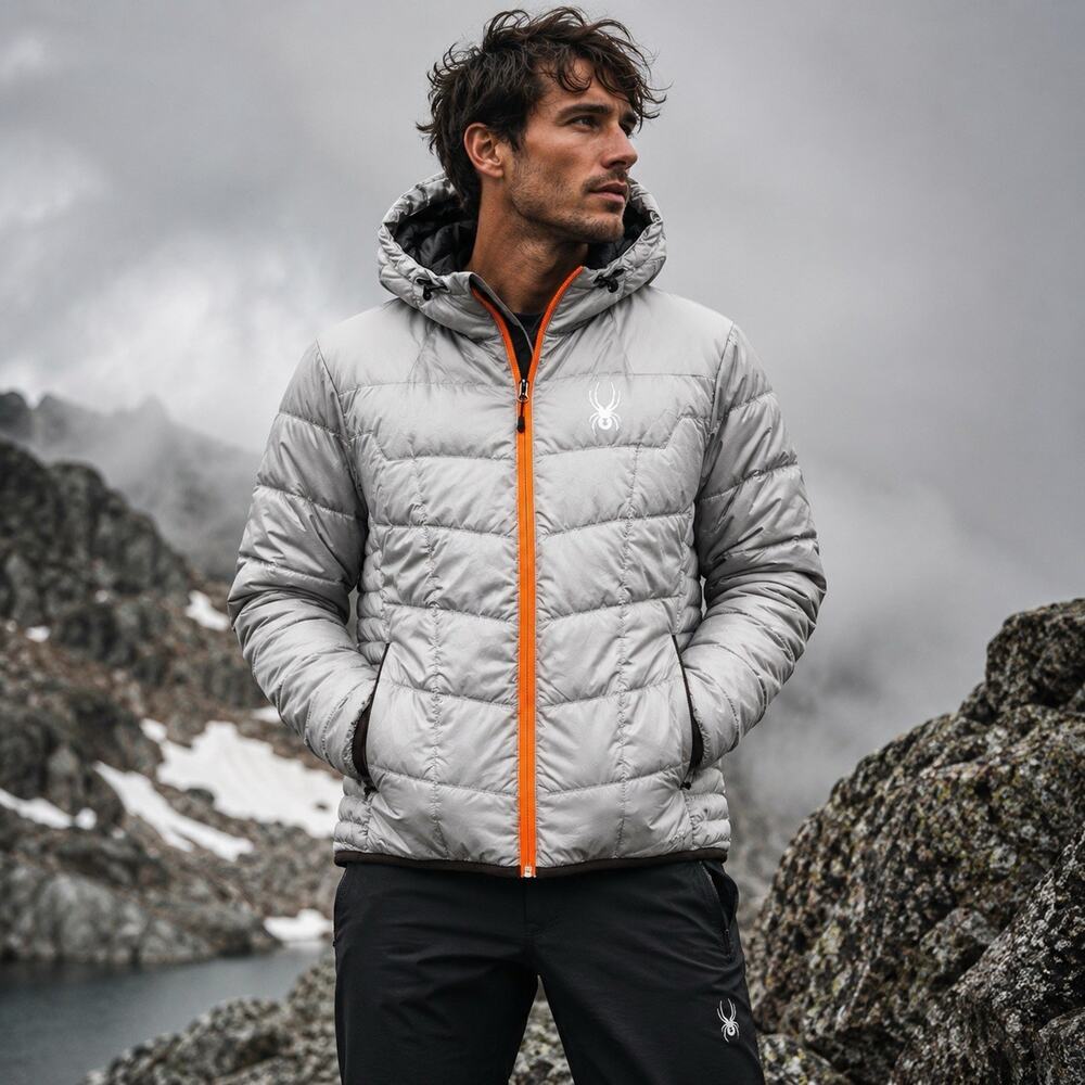 Spyder Mens Silver Gray Gorpcore Utility Puffer Jacket Full Zip Hooded Coat SM